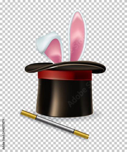 Vector rabbit ears appear from the magic hat and magic wand isolated on transparent background.