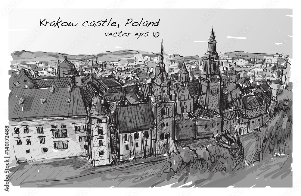 Fototapeta premium Sketch city scape Poland Krakow castle towers, free hand draw illustration vector