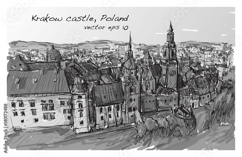 Sketch city scape Poland Krakow castle towers, free hand draw illustration vector