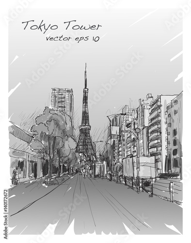 sketch of Tokyo Tower with cityscape and walkstreet, free hand draw illustration vector