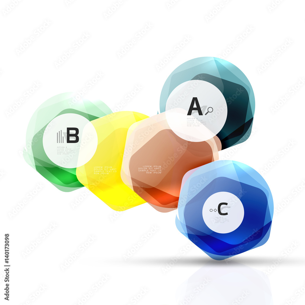 Glass color hexagons. Glossy plastic hexagon design with text Glass color hexagons. Glossy plastic hexagon design with text