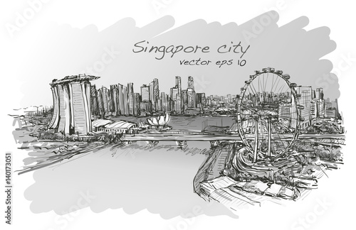 sketch city scape,of Singapore skyline, free hand draw illustration vector