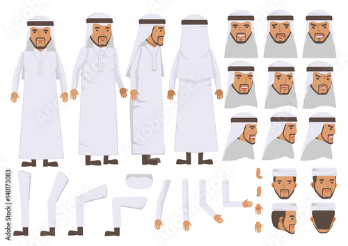  Arab Man character creation set. Icons with different types of faces and Islamic head scarf men clothing style, emotions,  front, rear, side view of male person. Moving arms, legs. Vector 