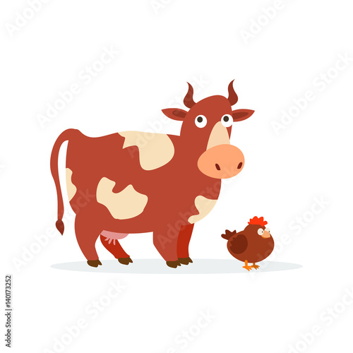 Funny cow and chicken isolated on white background.