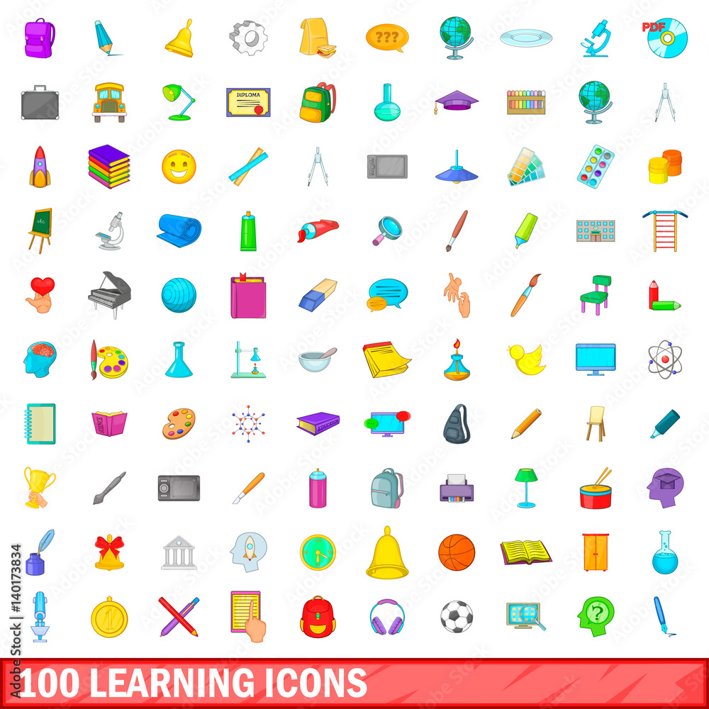 100 learning icons set, cartoon style 100 learning icons set, cartoon style