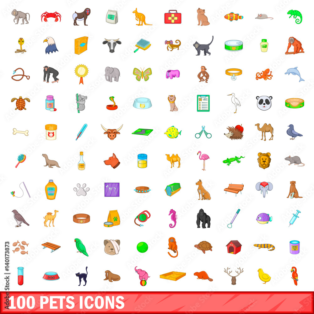 100 pets icons set, cartoon style 100 pets icons set, cartoon style