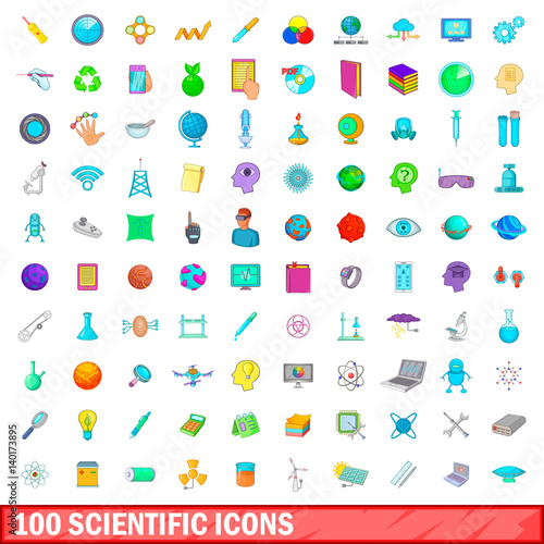 100 scientific icons set, cartoon style