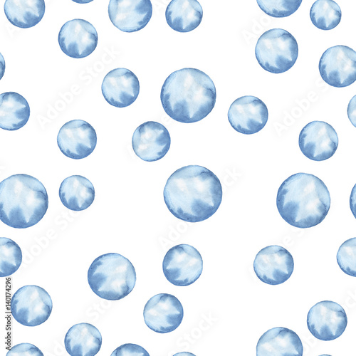 Seamless light blue polka dot pattern with watercolor stains on white background. Hand drawn illustration.