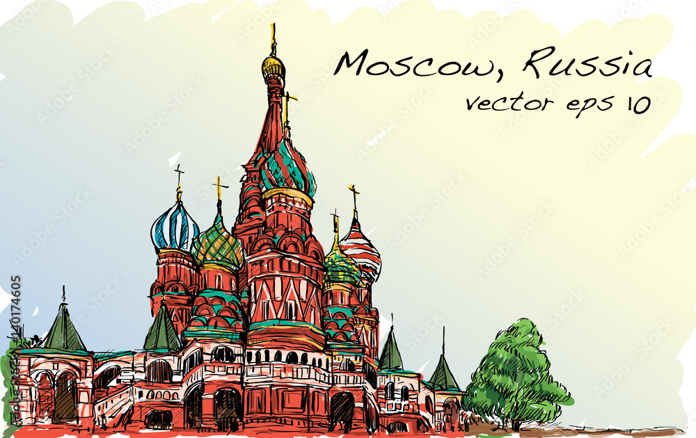 Obraz premium Landscape sketch, Moscow, Russia, Red square, free hand drawing illustration vector
