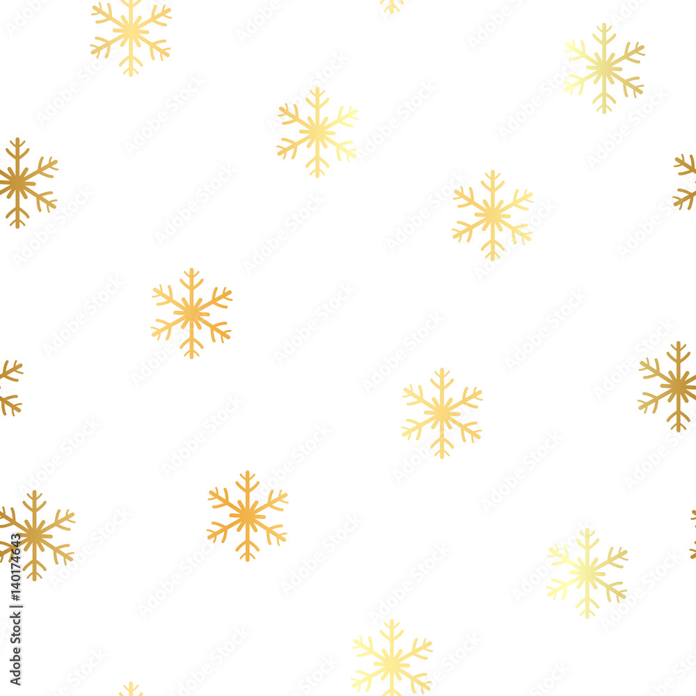 Seamless pattern of falling golden snowflakes on white background. Elegant pattern for Christmas or New year background, festive banner, card, invitation, postcard. Vector illustration. Seamless pattern of falling golden snowflakes on white background. Elegant pattern for Christmas or New year background, festive banner, card, invitation, postcard. Vector illustration.