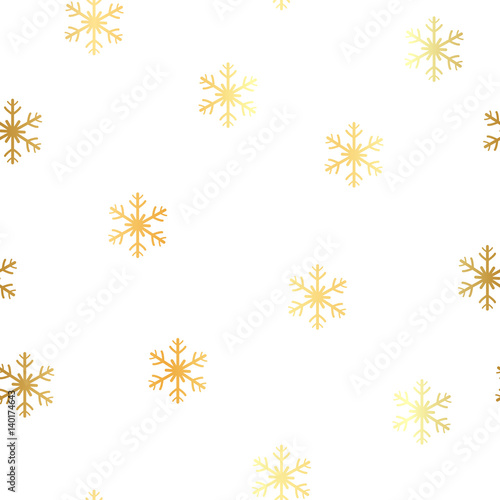 Seamless pattern of falling golden snowflakes on white background. Elegant pattern for Christmas or New year background, festive banner, card, invitation, postcard. Vector illustration.