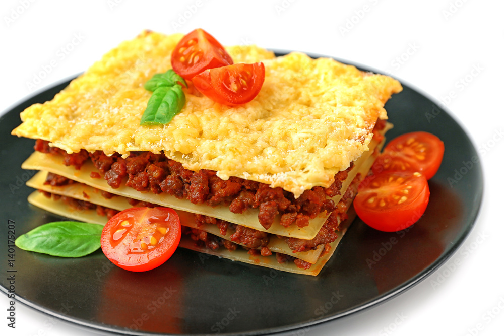 Tasty homemade Italian lasagna, white background