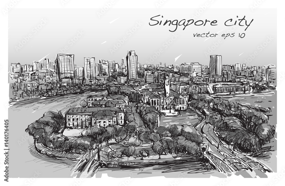 Sketch cityscape of Singapore building skyline, free hand draw illustration  vector