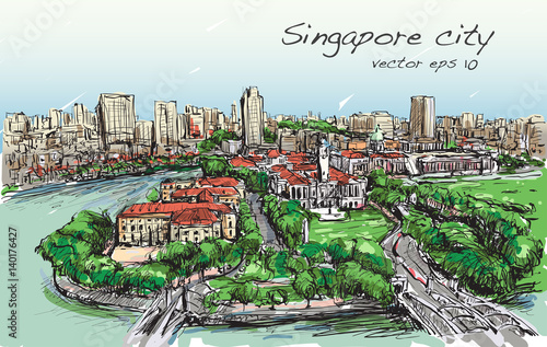 Sketch cityscape of Singapore building skyline, free hand draw illustration  vector