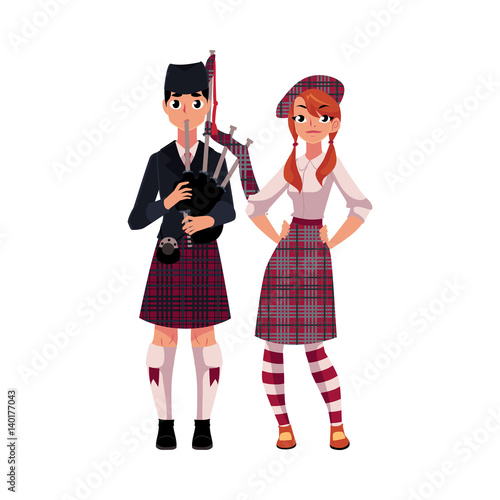Bagpiper, piper and Scottish girl in national clothes, tartan beret and kilt, cartoon vector illustration isolated on white background. Full length portrait of Scottish bagpiper and Scotland girl