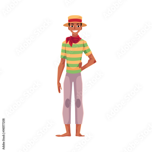 Brazilian man in traditional costume for Festa Junina party, wearing straw hat and red neck tie, cartoon vector illustration isolated on white background. Brazilian man dressed for Festa Junina party