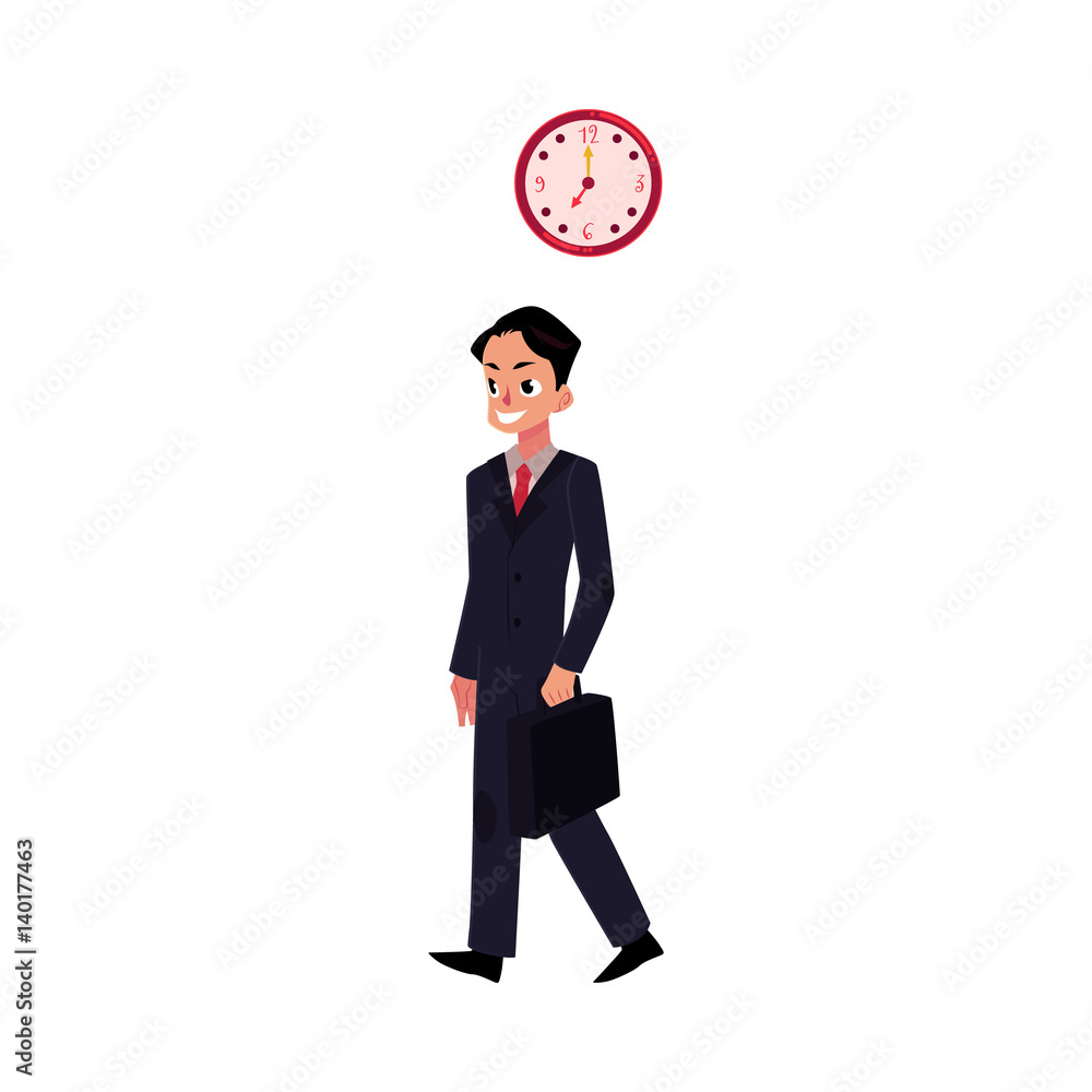 Young ambitious, promising, smiling businessman in business suit holding briefcase, cartoon vector illustration isolated on white background. Businessman, employee going to work with briefcase Young ambitious, promising, smiling businessman in business suit holding briefcase, cartoon vector illustration isolated on white background. Businessman, employee going to work with briefcase