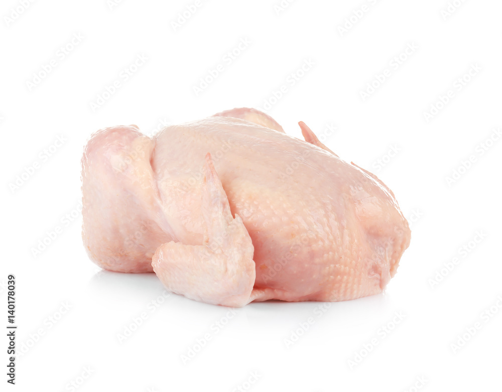 Whole raw chicken on white background