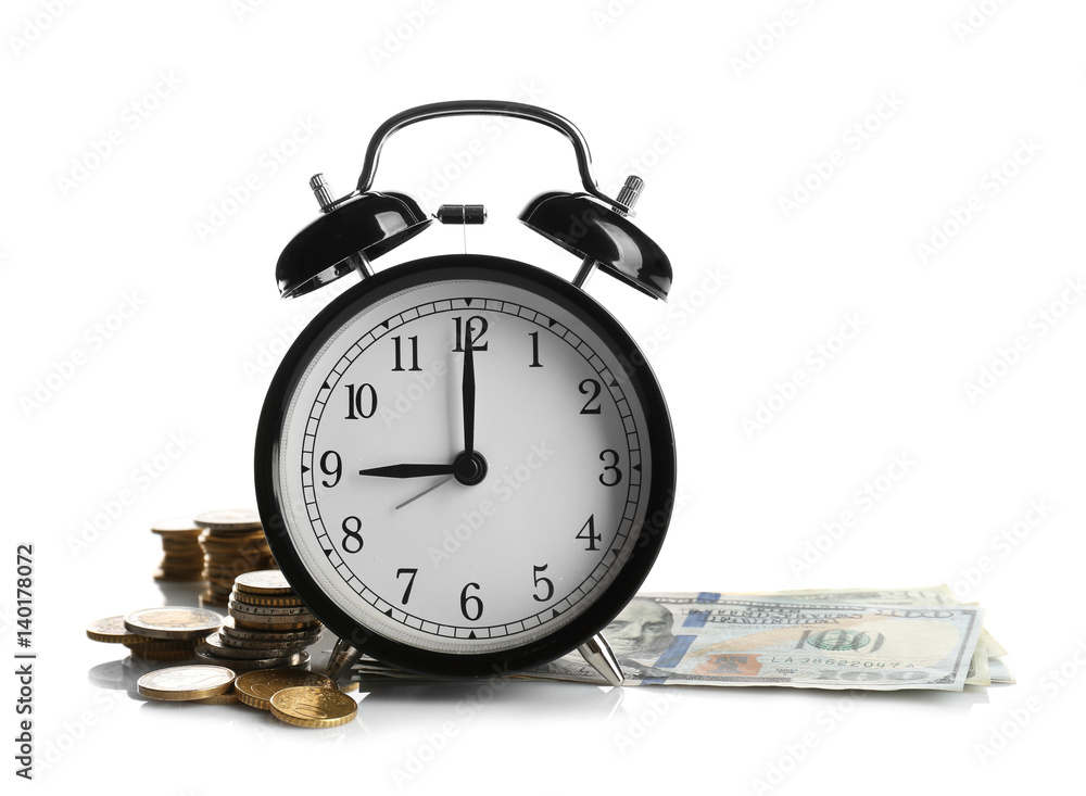 Alarm clock and money on white background Alarm clock and money on white background