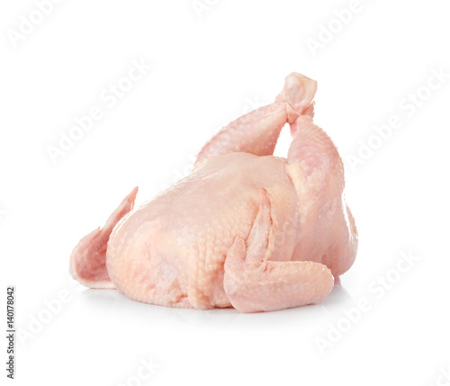 Whole raw chicken on white background