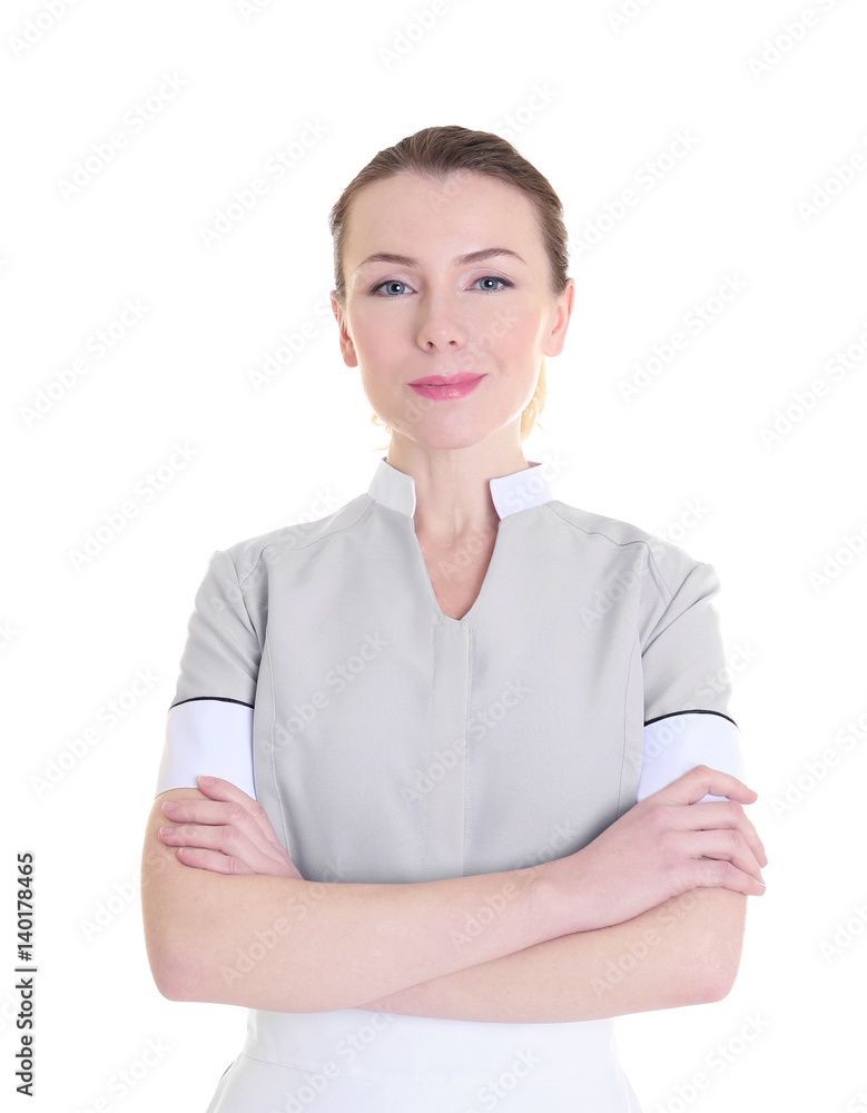 Beautiful chambermaid in uniform isolated on white Beautiful chambermaid in uniform isolated on white