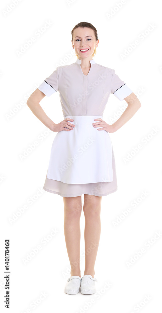 Beautiful chambermaid in uniform isolated on white Beautiful chambermaid in uniform isolated on white