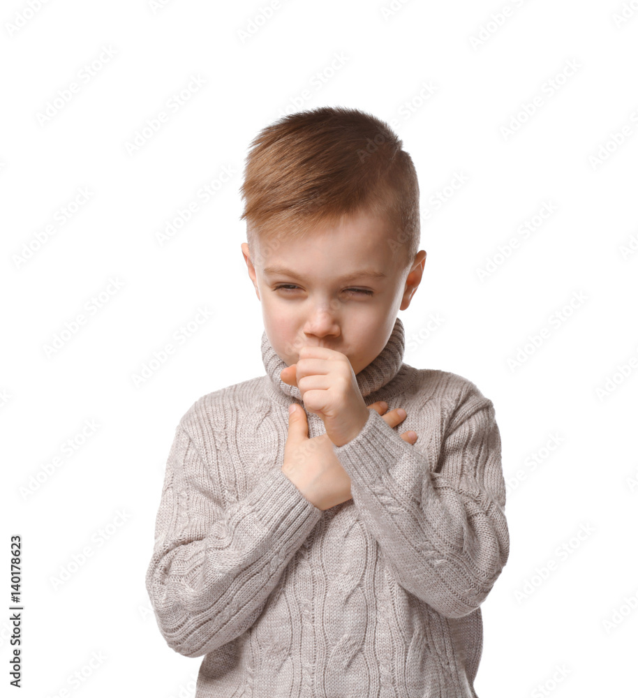 Cute little boy coughing on white background Cute little boy coughing on white background
