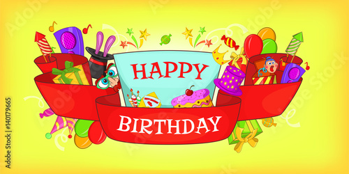Happy birthday horizontal banner, cartoon style