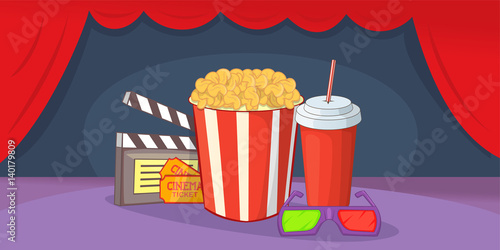 Cinema movie horizontal banner, cartoon style