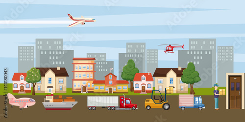 Logistic horizontal banner city, cartoon style