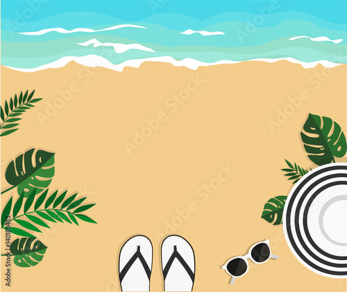 Summer background.with hat, shoes and glasses on sand beach near the sea palm leaves. Hand drawn vector illustration. Space for your text. Template for your design.
