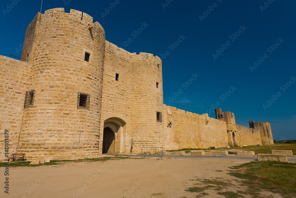 Aigues Mortes Old City Wall Gate in Provence, France. Horizontal