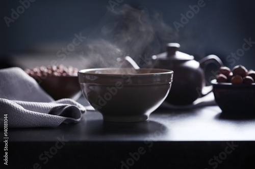 Steam over bowl on kitchen table
