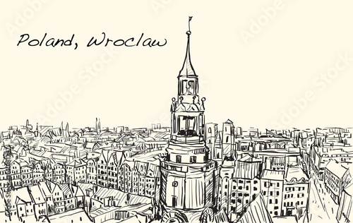 Sketch Cityscape of Poland, Wroclaw city ,free hand draw illustration vector