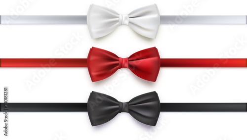 Realistic white, black and red bow tie, vector illustration, isolated on white background. Elegant silk neck bow.