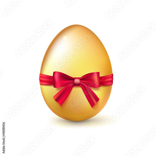 Golden egg, Realistic Ester egg with red ribbon and bow vector illustration. Party invitation template on white background.