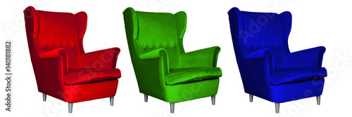 Additive RGB color model concept picture. Three chairs of different colors - red, green and blue
