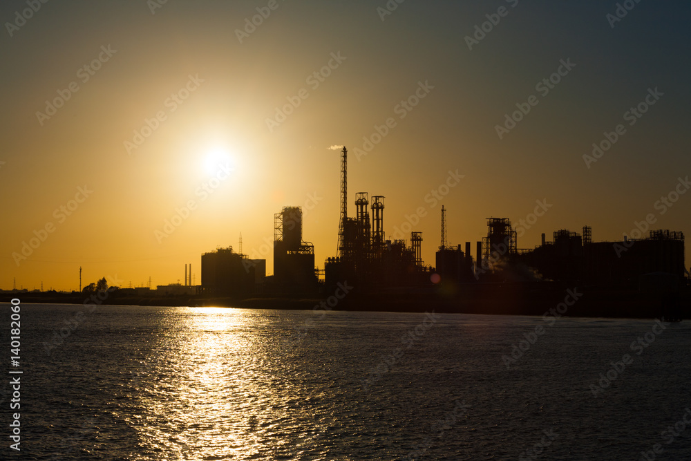 Petrochemical Gas Refinery Plant Sun and Evening Sunset Horizontal