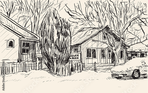 sketch cityscape of Quebec, Canada show snow and houses view, free hand draw illustration vector