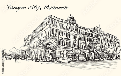 sketch cityscape of Yangon city  Myanmar show perspective view colonial building in downtown  free hand draw illustration vector