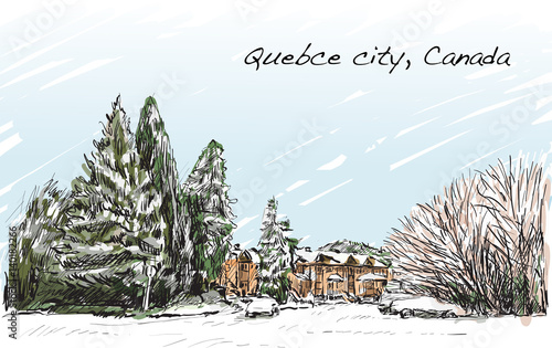sketch cityscape of Quebec, Canada show snow and houses view, free hand draw illustration vector