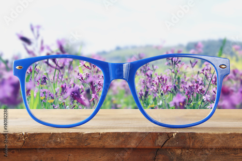 Fototapeta Naklejka Na Ścianę i Meble -  hipster glasses on a wooden table in front of flowers field