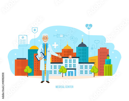 Medical center for patients, laboratory, research, modern health care system.