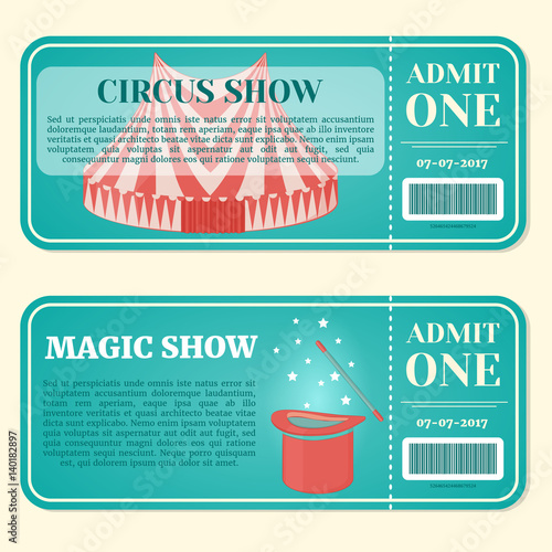 Circus ticket with pavilion and magic hat with wand in cartoon style. Vector illustration. Holiday Collection. photo