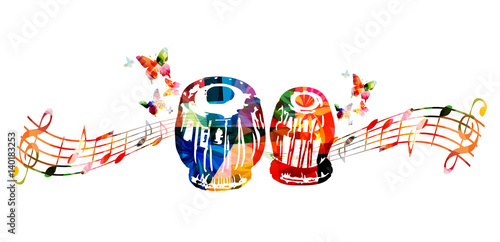 Colorful indian tabla with music notes and butterflies isolated. Music instrument background vector illustration. Design for poster, brochure, invitation, banner, flyer, concert and music festival
