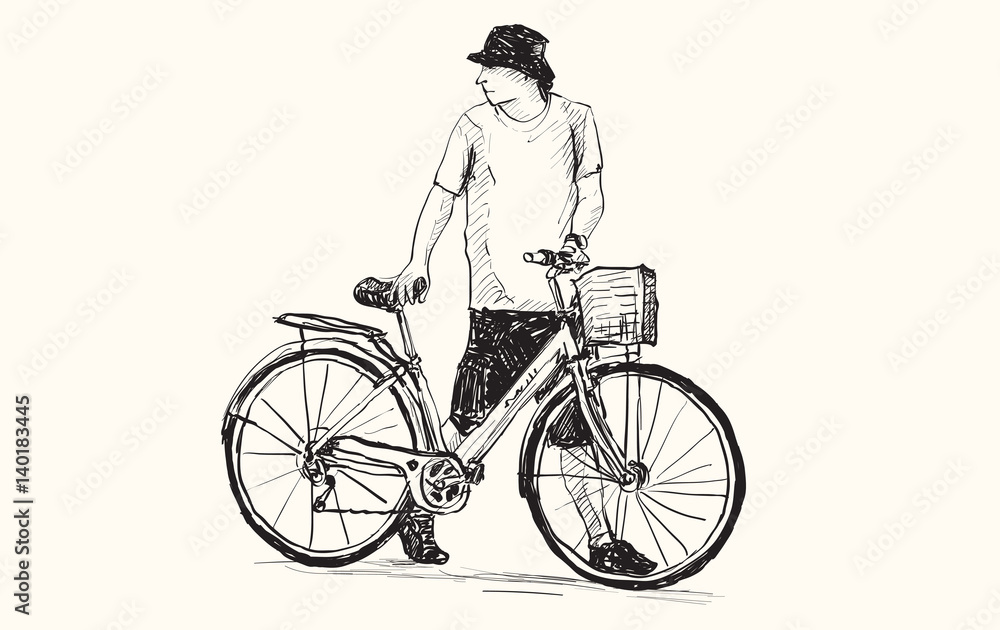 sketch of a man and bicycle, free hand drawing, vector and illustration