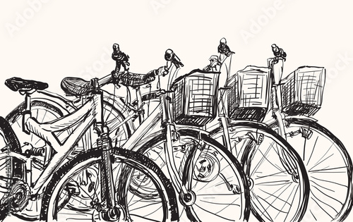 Sketch row of bicycle for sell or rent , free hand draw illustration vector