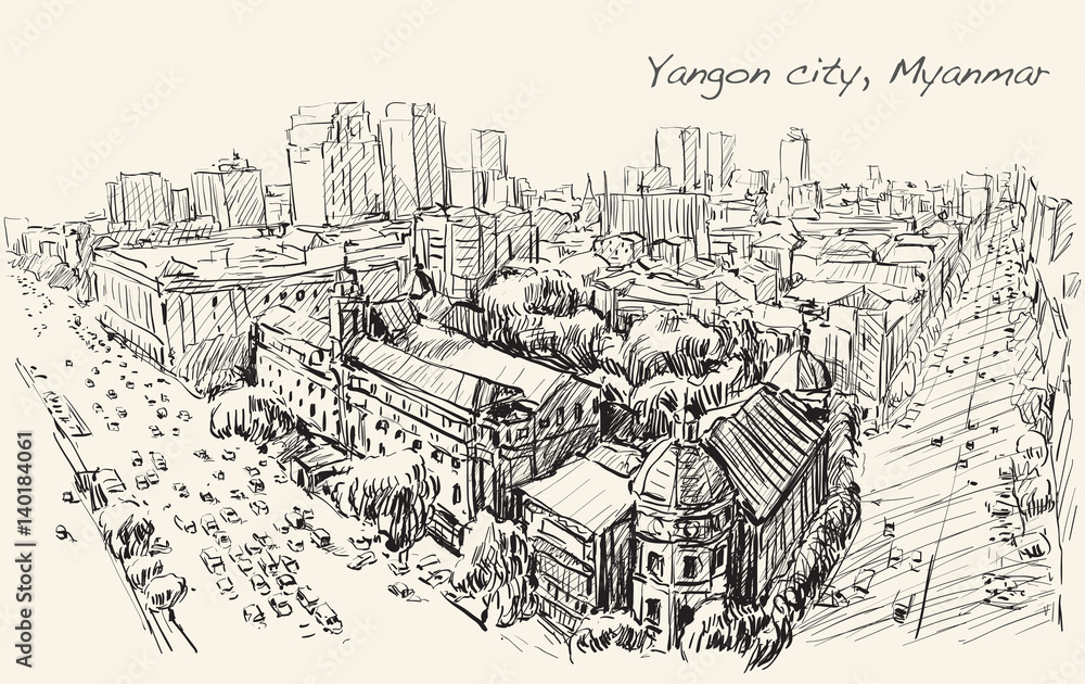 sketch cityscape of Yangon, Myanmar on topview Strand road with colonial building, free hand draw illustration vector