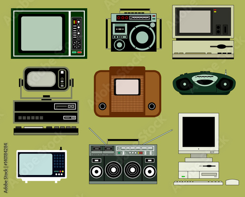 Set of old objects like TV, computer, radio, record player. Hipster design.