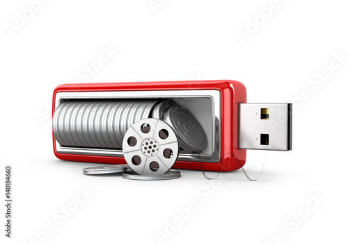 Film strip in the middle USB drive on a white background. 3D illustration.